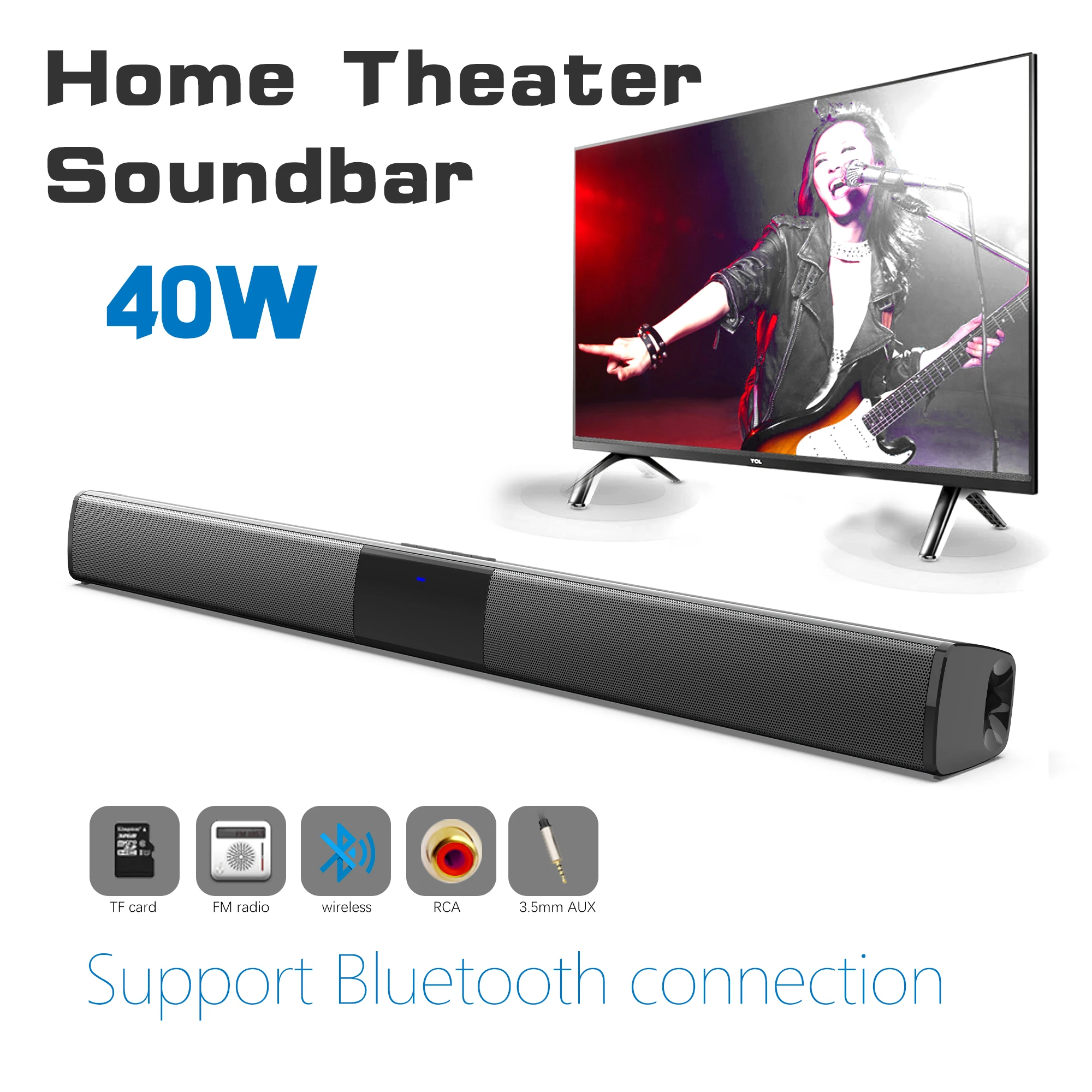Home Cinema Subwoofer - แถบเสียงพลังสูง40W สำหรับทีวีคอมพิวเตอร์ลำโพงบลูทูธไร้สายระบบเสียงโฮมเธียเตอร์วิทยุเอฟเอ็มซับวูฟเฟอร์กล่อง RCA TF